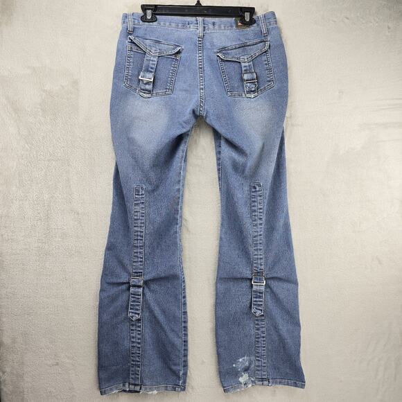 Vintage Apollo Jeans 5/6 Pinstripe Buckle Pockets Blue Mid Rise Y2K Distressed - Picture 10 of 16